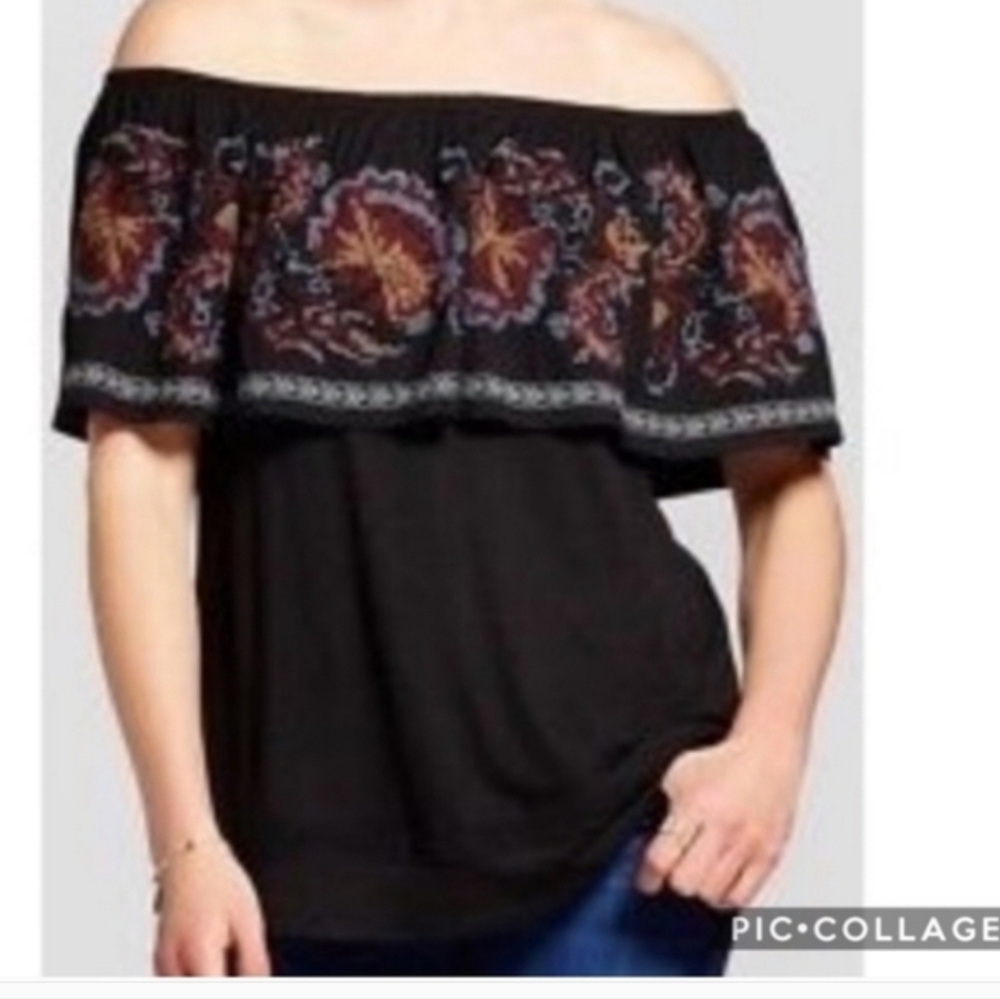 Knox Rose Black Off-Shoulder Top with Rust & Purple Embroidery
